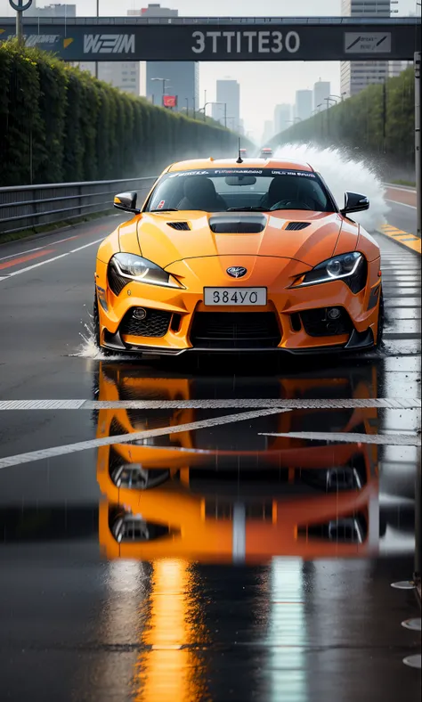 "Generate AI art depicting a dynamic scene of the 2023 Toyota Supra in white color emitting a thunderous roar as it executes a thrilling drift through pouring rain in an urban setting. Envision the Supra maneuvering through a corner with precision and styl...