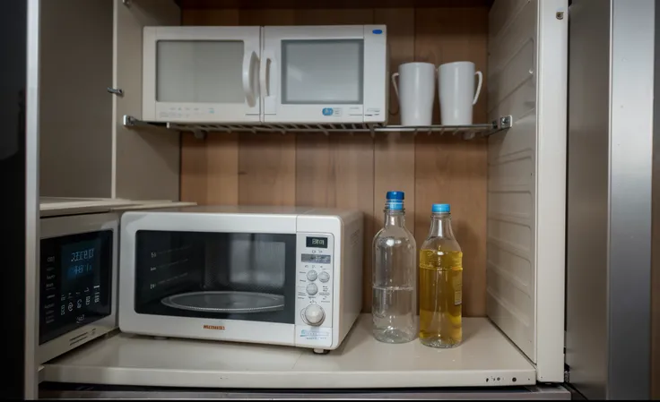 ((best quality)), plastic water bottle, microwave, plastic bottle in the microwave, platic bottle inside of microwave