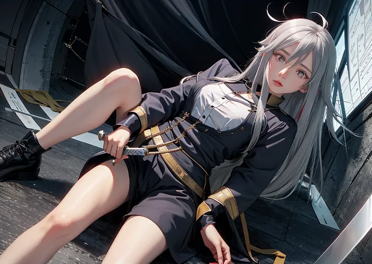 VladilenaLora, long hair, grey eyes, grey hair, sword, view from below