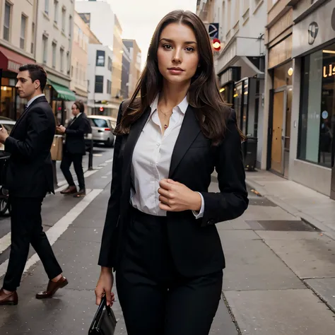 Create a beautiful Brunette Caucasian woman. In a business suit