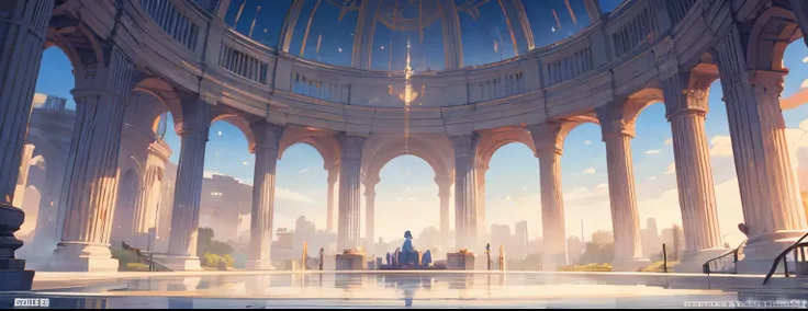 writer;Battlefield;Arena built on a small island floating in a lake、Huge building、circular coliseum、Essay Exam、lined with pen-shaped pillars、dynamic compositions、Buildings only、in a panoramic view、（balance of fate）、A place where writers compete、Blue sky、i ...