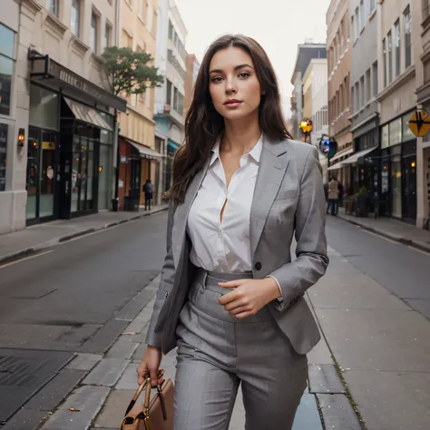 Create a beautiful Brunette Caucasian woman. In a business suit