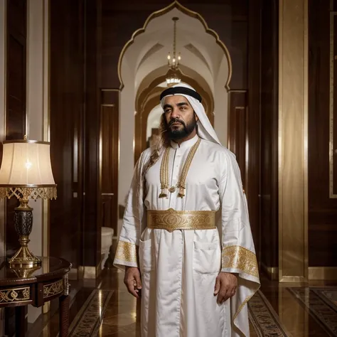 In a lavish wooden room, a scene unfolds featuring a 58-year-old, grey-haired, and bearded Arab dictator. With an air of authority, he exudes an aura of religious fervor as an ultra-religious Islamic leader. His piercing eyes reflect an unwavering commitme...