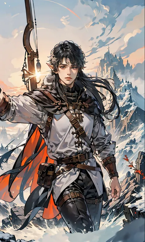 (best quality, high definition) adult 1 male beatiful elf, mystic archer, archery, long black hair, gray eyes, detailed face, mi...