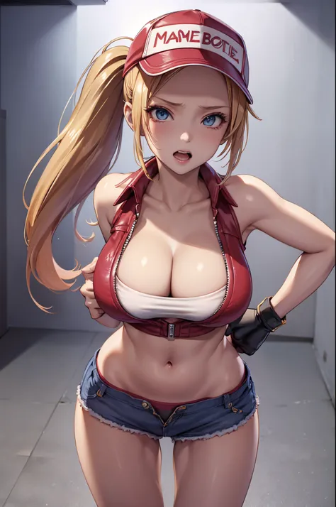 (masterpiece), best quality, expressive eyes, perfect face, highres, (8k), (perfect face), (ultra details), 1 girl, solo, terry bogard girl, blonde hair, ponytail, blue eyes, long hair, baseball cap, fingerless gloves, denim shorts, shoes, blushing, fright...