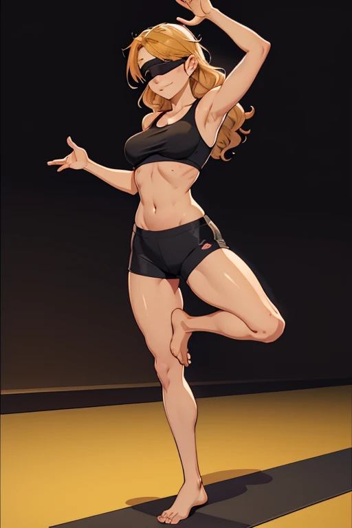 A beautiful barefootwoman with short wavy strawberry-blonde hair, wearing  black sports shorts and a black blindfold, standing in a dynamic pose on a yogamat, looking happy.