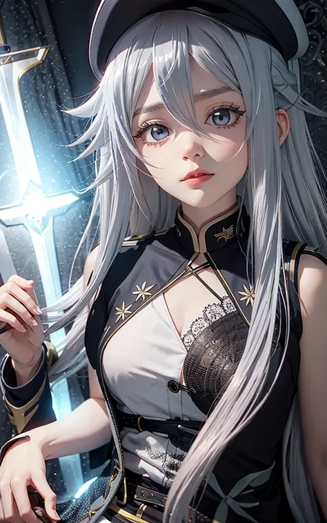 VladilenaLora, long hair, grey eyes, grey hair, sword, nude