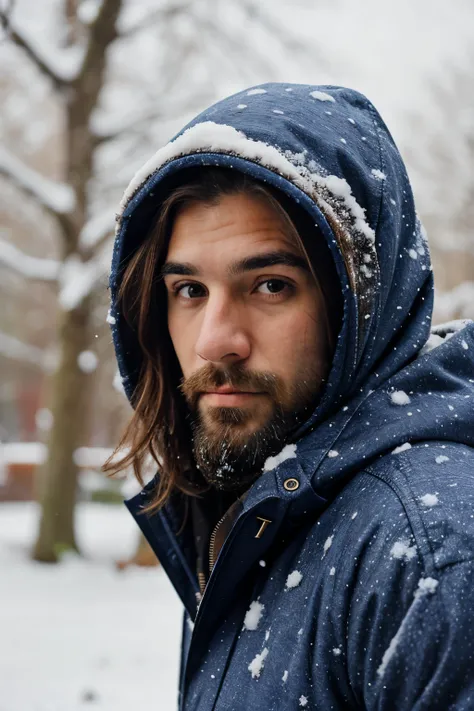 a ultrarealistic, very extreme close-up photography of a man with a beard wearing a blue jacket, hood up, beard with snow, winter, cold, perfect focus on the face, very cold and serious stare at camera, kodak 4k