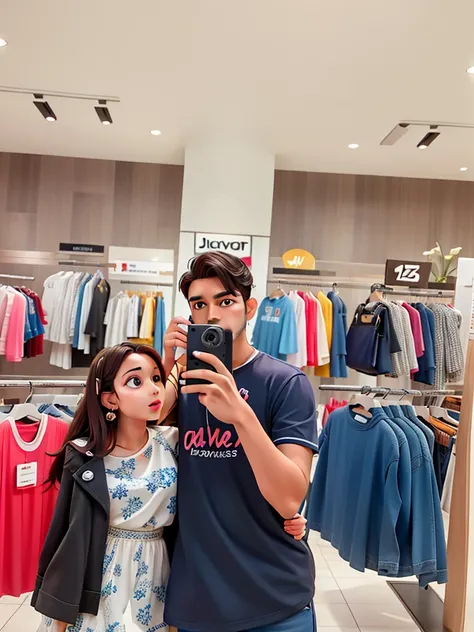 there is a man and a woman taking a picture in a clothing store, jayison devadas, jayison devadas style, in a mall, appearing in a shopping mall, shot on nikon z9, competition winning, shot on canon eos r 5, shot on canon eos r5, photo for a store, at a ma...