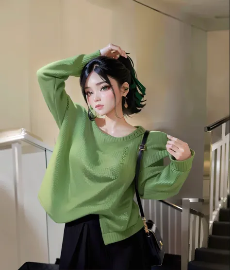 Alafid woman wearing green sweater and black skirt posing for photo, 2 0 2 0 fashion, Wearing a green sweater, sha xi, lulu chen, Inspired by Ma Yuanyu, olive green, casual green clothing, Inspired by Tang Yifen, ( ( Dark Green, Japanese clothes, Green clo...