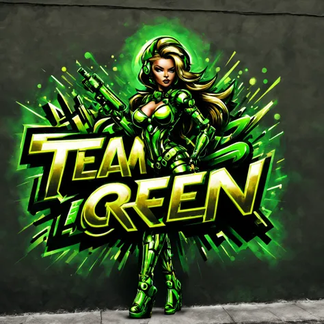 (TEAM GREEN) text logo, gold, black, neon green, graffiti, Sexy Miss Cyber Robot Santa