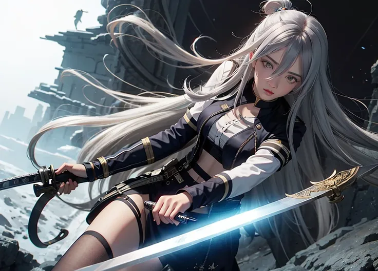 VladilenaLora, long hair, grey eyes, grey hair, sword,