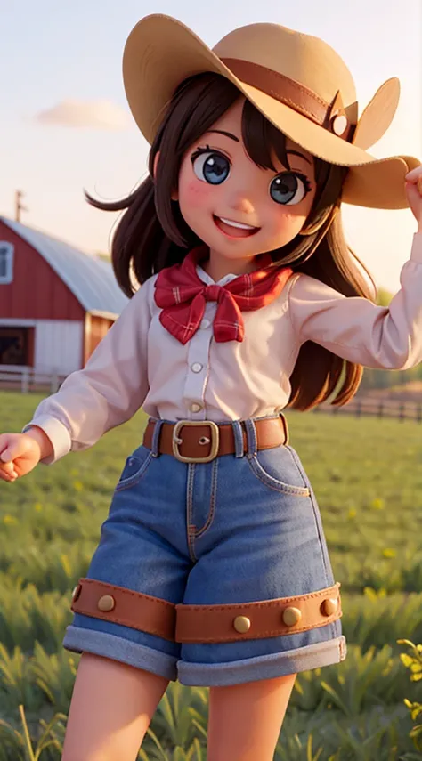 cheerful and cute girl, cowboy style, farm background