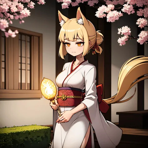 a beautiful Kitsune girl with nine golden tails, vibrant and flowing, standing in a peaceful Japanese garden, surrounded by blooming cherry blossoms and colorful maple trees. Her eyes are bright and intelligent, reflecting the wisdom of the centuries. She ...