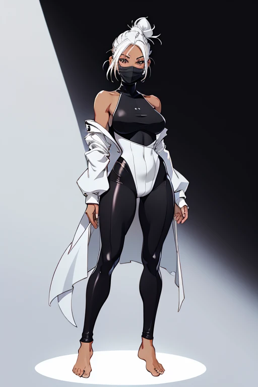 A young beautiful barefoot woman with white dyed hair in a high bun wearing a matte black skintight fullbodysuit and a black facemask.