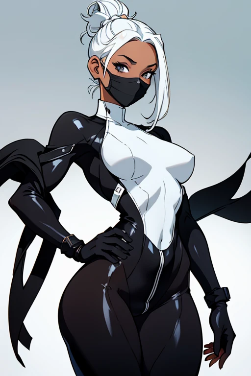 A young beautiful barefoot woman with white dyed hair in a high bun wearing a matte black skintight fullbodysuit and a black facemask.