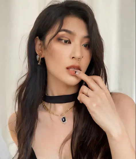 araffe woman with long dark hair wearing a choke and a choke necklace, belle delphine, gorgeous young korean woman, Karina Aespa, cruel korean goth girl, gorgeous chinese model, beautiful south korean woman, beautiful asian girl, with long hair and piercin...