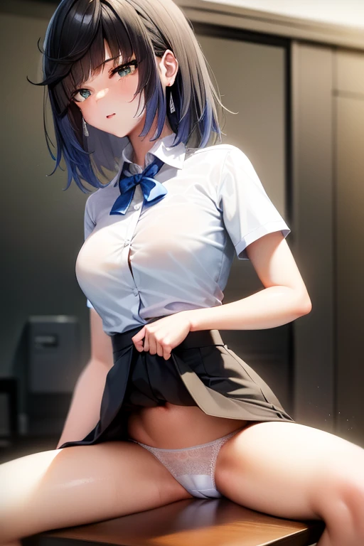 1girl, Table hump, rubbing the perineum, white  shirt, pencil skirt, office, white panty, skirt lift, strap, a table, high ground, multiple boys,Liquid, Thought-provoking,, Masterpiece, Best Quality, Highly detailed