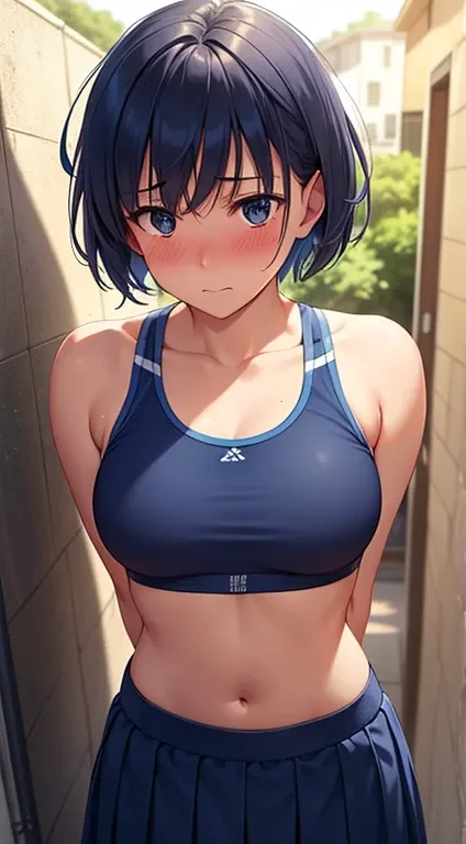 Realistic, plein air, One wall, Wide Angle,1girl in, blue bob hair, Shy, embarrassed, blushed, Wide Angle, POV, From  above, (Sportsbra), llight rays, Glow, (masutepiece), Wallpaper、Facing the audience、Hands tied behind your back、Navy blue skirt