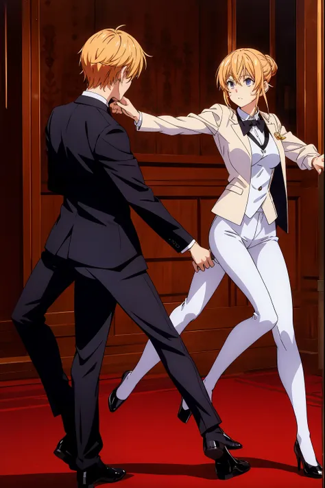 nakiri erina wears a tuxedo suit with a long seelk jacket and white tight pants, blonde hair, full body, waltz dance