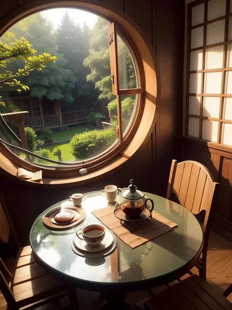 A round table next to the window，A few tea leaves fell on the table，There is a cup of clear tea on the table，Outside the window is an endless tea garden