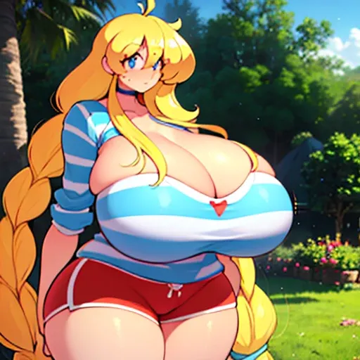 cassie, theycallhimcake, blonde hair, very long hair, braid, bow, striped shirt, red shorts, gigantic breasts, blue shirt, :D, 1girl, (best quality,4k,8k,highres,masterpiece:1.2), ultra-detailed, (realistic,photorealistic,photo-realistic:1.37), HDR, UHD, s...