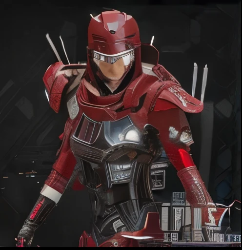 Close-up of a robot wearing a red helmet and red cape, apex legends character, 《apex legend》concept-art, high-tech red armor, Pinnacle Legendary Armor, A scene from the《Apex Legends》of ghosts, crimson heavy armor, Concept art of the Tau Queen, Red heavy ar...