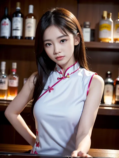 (two Japanese),  (there are bartenders behind the counter:1.6), (bartenders in Cheongsam:1.3), (at the bar), daytime, (girl 25yo and 16yo), 1girl, japanese, 18yo, smily, idol face, kawaii, ahegao, prostitute_expression, baby face, adorable, delicate body, ...