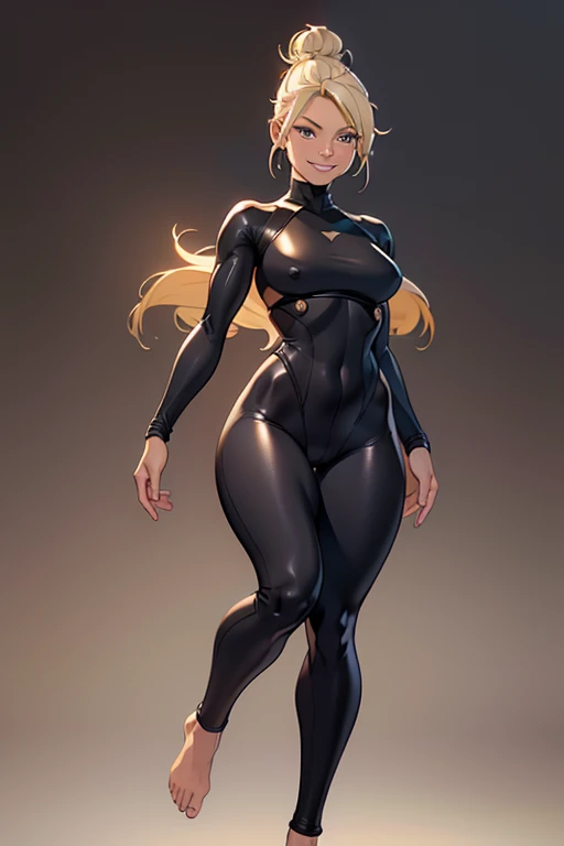 A young beautiful barefoot woman with blonde2 hair in a high bun wearing a matte black skintight fullbodysuit, looking happy.