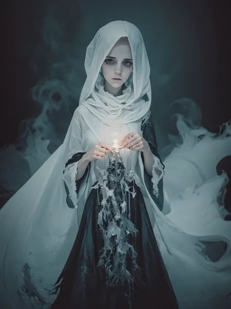 ghostlystyle, Emma Watson, ghostdarksouls, ghostly mist, (transparent, floating), gothic horror, tattered ghostly clothes, grey smoke, grim reaper face, full body, trapped in a haunted oil painting, hyperrealism, ghostly claws, trapped, (scared, panicked,,...