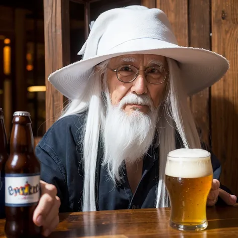 With a magic hat，Wear glasses，Holding a technological beer in hand，beer fairy，Long white hair，ember，A old man