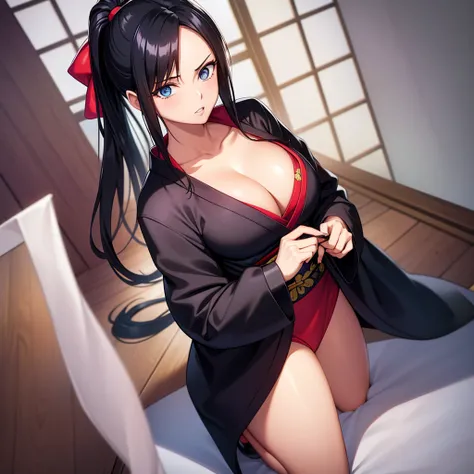 nico robin, wanostyle, 1girl, black hair, black jacket, blue eyes, breasts, cleavage, collarbone, hair ribbon, jacket, jacket on shoulders, japanese clothes, kimono, large breasts, lips, long hair, looking at viewer, obi, parted lips,  ponytail, print jack...