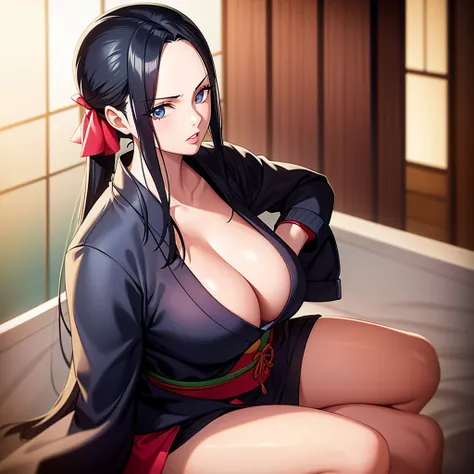 nico robin, wanostyle, 1girl, black hair, black jacket, blue eyes, breasts, cleavage, collarbone, hair ribbon, jacket, jacket on shoulders, japanese clothes, kimono, large breasts, lips, long hair, looking at viewer, obi, parted lips,  ponytail, print jack...