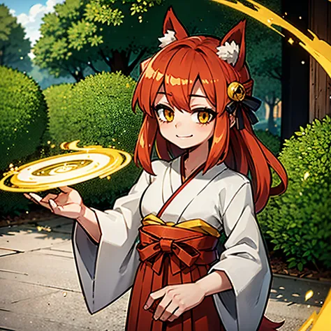 1 girl, kitsune, red hair, long hair, yellow eyes, red fox ear in head,1 fox tail, with white kimono, xinto kimono, in a forest,...