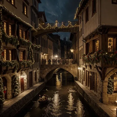 a medieval city in the interior of Europe on the edge of a turbulent river, with narrow streets, stone houses, decorated for Christmas with guards, Santa Claus, balls and Christmas lights, ultra-realistic, multi-detailed, intricate, cinematic