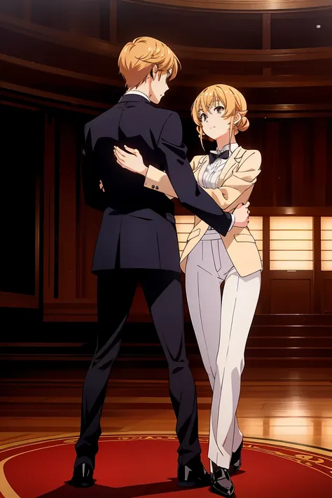 1girl, nakiri erina wears a tuxedo with a long seelk jacket and white tight pants, blonde hair, full body, waltz dance girl with...