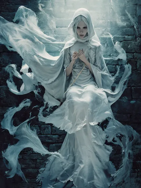 ghostlystyle, Emma Watson, ghostdarksouls, ghostly mist, (transparent, floating), gothic horror, tattered ghostly clothes, grey smoke, grim reaper skull, evil, full body, trapped in a haunted oil painting, hyperrealism, ghostly claws, trapped, (scared, pan...