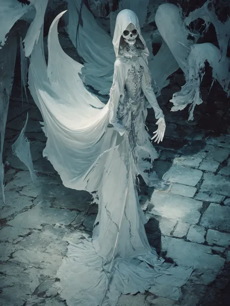 ghostlystyle, Emma Watson, ghostdarksouls, ghostly mist, (transparent, floating), gothic horror, tattered ghostly clothes, grey smoke, grim reaper skull, evil, full body, trapped in a haunted oil painting, hyperrealism, ghostly claws, trapped, (scared, pan...