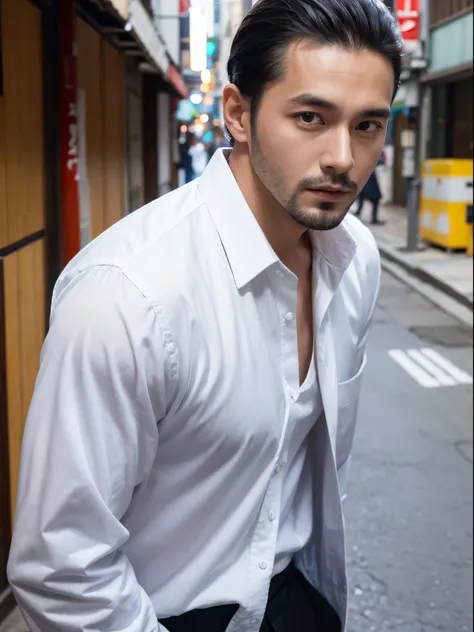 man, 30 years old, slick back, shirt, japanese street, half body photo