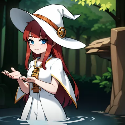 Young girl, witch, red hair, blue eyes, white outfit, witch hat, in a forest, floating in a river, smiling, looking at viewer, magic in hands, floating in a river, 4k, masyerpiece, best quality, good anathomy, HD