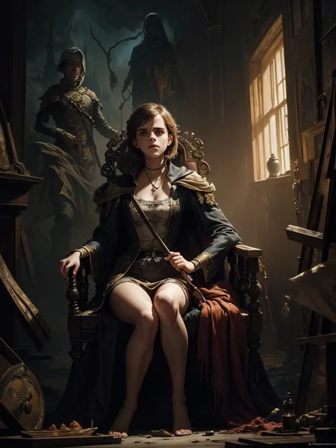 Emma Watson, full body, trapped in a haunted oil painting, hyperrealism, trapped, (scared, panicked, horrified), sitting, hands in lap, peter mohrbacher, pierre terblanche, trending on artstation