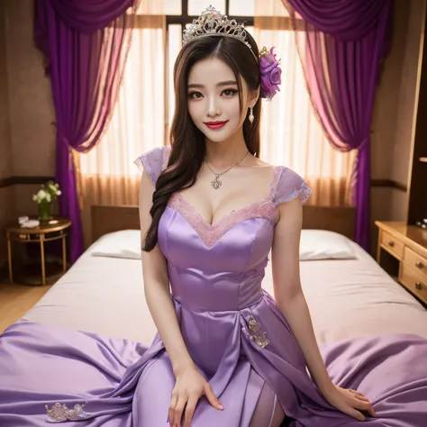 ((top-quality、masutepiece、8K、Top image quality、Highly complex and detailed depictions))、(Photo of the upper body of a Chinese prostitute princess:1.2)、(Purple and pink prostitution goddess bedroom:1.2)、huge top quality tiara、huge top quality necklace、Chine...