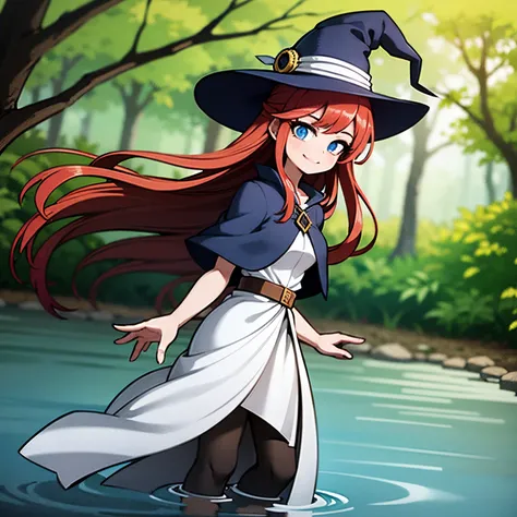 Young girl, witch, red hair, blue eyes, white outfit, witch hat, in a forest, floating in a river, smiling, looking at viewer, magic in hands, floating in a river, 4k, masyerpiece, best quality, good anathomy, HD