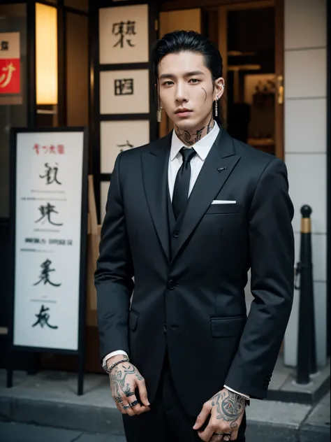 male, 30 years old, slick back, suit, rings, bracelets, piercings, body full of tattoos, japanese street, half body photo