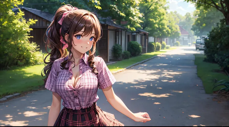 1girl, solo, full body, summer, village, trees, long hair, brown hair, curly hair, ponytail, large breasts, cleavage, button down, dark blue eyes, ((pink shirt)), ((checked shirt)), ((unbuttoned shirt)), ((short sleeved shirt)), ((long skirt)), grin, looki...