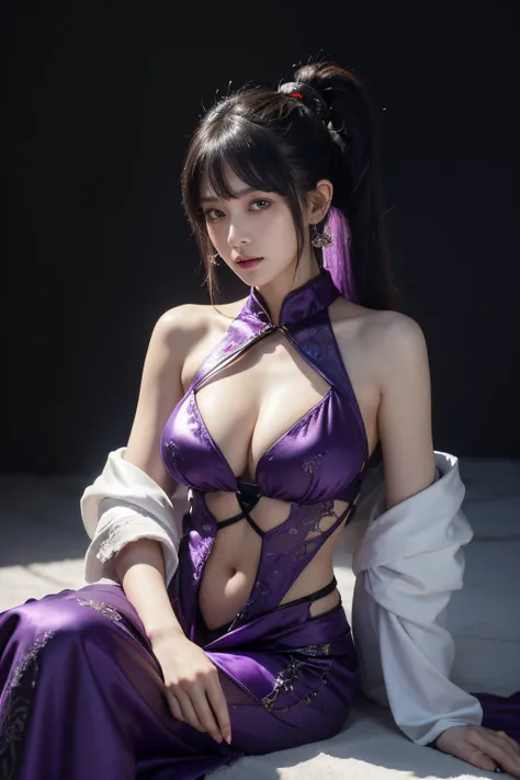 tmasterpiece,Best quality,A high resolution,8K,(Portrait),Head close-up,Original photo,digital photography,(The queen of ancient Chinese style and cyberpunk style),20岁女孩,long ponytail hairstyle,By bangs,(Purple Eyes),White hair,A plump chest,cleavage,Elega...