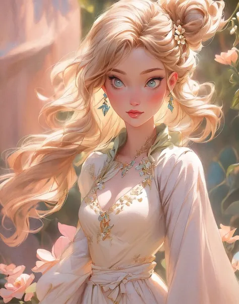 close-up of a woman in a dress holding a flower, beautiful character painting, beautiful fantasy maiden, beautiful fantasy art, ...