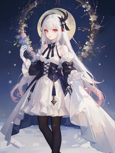 Anime game Arcane Gardens of the Great White Empire - Maiden, short light white hair, snow white skin, bright pink eyes, Devil Empress of Desires dress, pink excesses, black bow, feather hair clip, white stockings, long white gloves, white demon wings, alm...