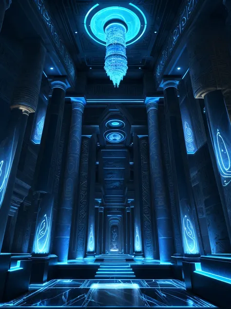 Incredible blue luxury futuristic interior in ancient egyptian style，including palm trees、hyeroglyphics、stone wall、sable、marbled、Precious minerals、metals、precious stones、crystal、clouds and water、alligators、Ultra Luxo、Marble - with beautiful lights，unreal-e...