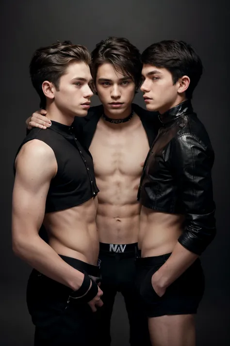 three 20 year old boys, twinks, they are together, each one is wearing black fashion clothes, they are posing for fashion editorial, photoshoot, faces, pop, fashion editorial, our view of them is from the shoulder to the head, all three has the same size, ...